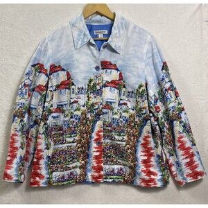 Coldwater Creek Boho Linen Blend All Over Print Jacket Button Up Art to Wear 1X